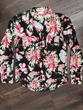Express Portofino Slim Floral Button Front Blouse XS Black Career Office Top